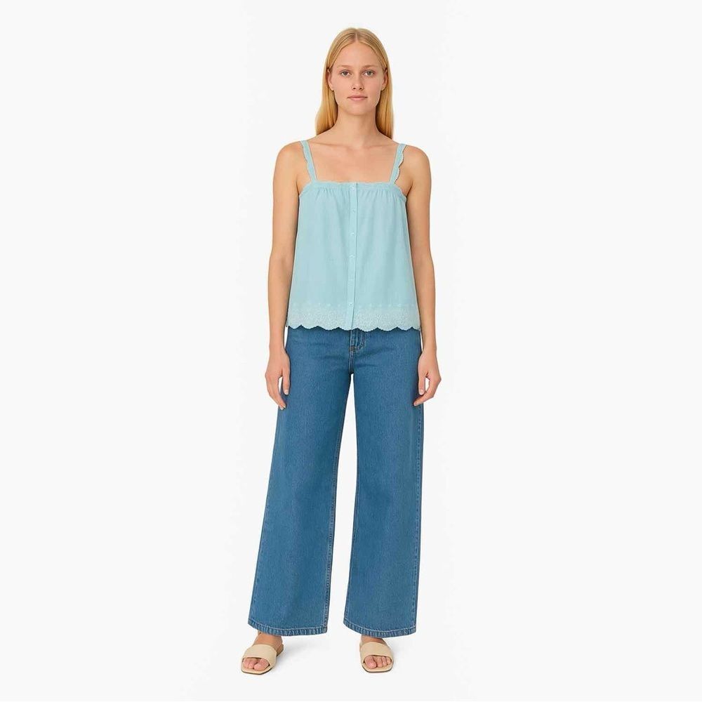 Lauren Ralph Lauren Sky Blue Plaid Embroidered Scalloped Button Up Tank Top - Picture 5 of 5